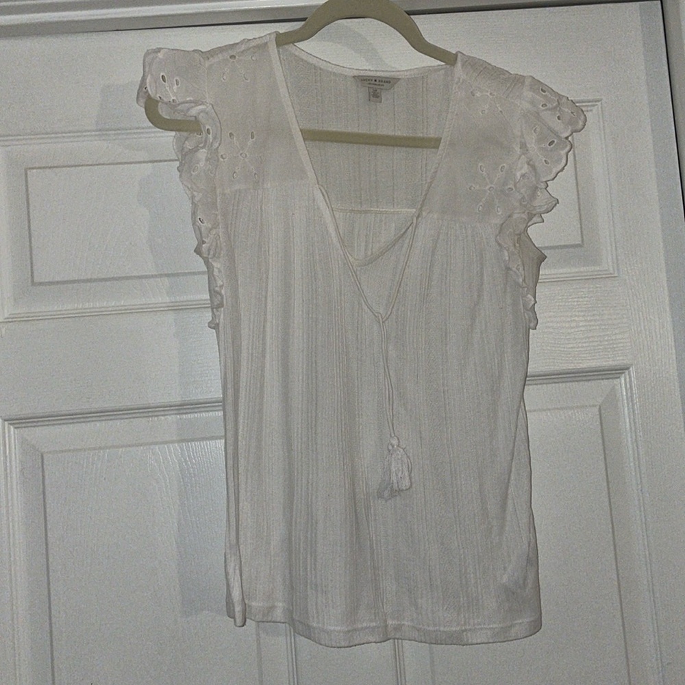 Lucky white shirt with floral detail on flutter sleeves, size small